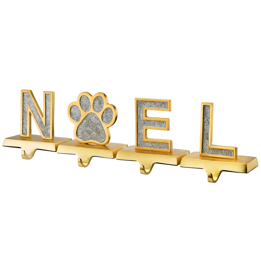 5 in. 4-Piece Silver Sparkle NOEL Christmas Stocking Holders, Silver and Gold with Paw Print - National Tree Company