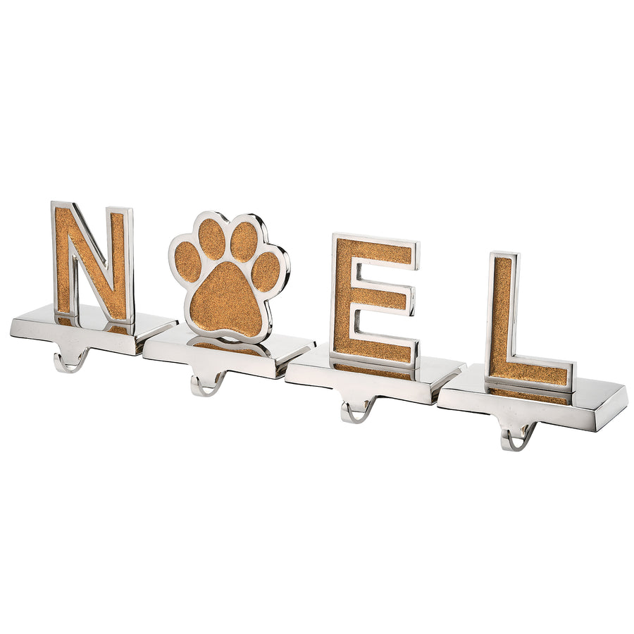 5 in. 4-Piece Gold Sparkle NOEL Christmas Stocking Holders, Gold and Silver with Paw Print - National Tree Company