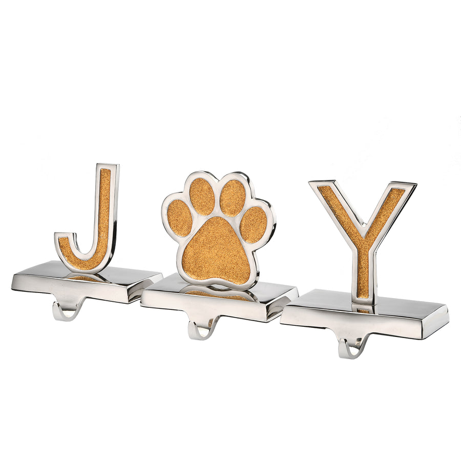 5 in. 3-Pieces Gold Sparkle JOY Christmas Stocking Holders, Gold and Silver with Paw Print - National Tree Company