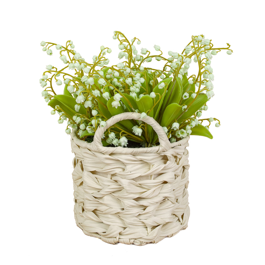 11 in. Spring Green Lily-of-the-Valley Flowers in White Basket - National Tree Company