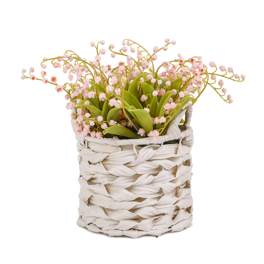11 in. Spring Pink Lily-of-the-Valley Flowers in White Basket - National Tree Company