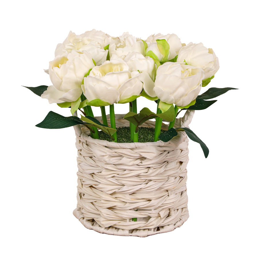 10 in. Spring White Peony Flower Bouquet in White Basket - National Tree Company