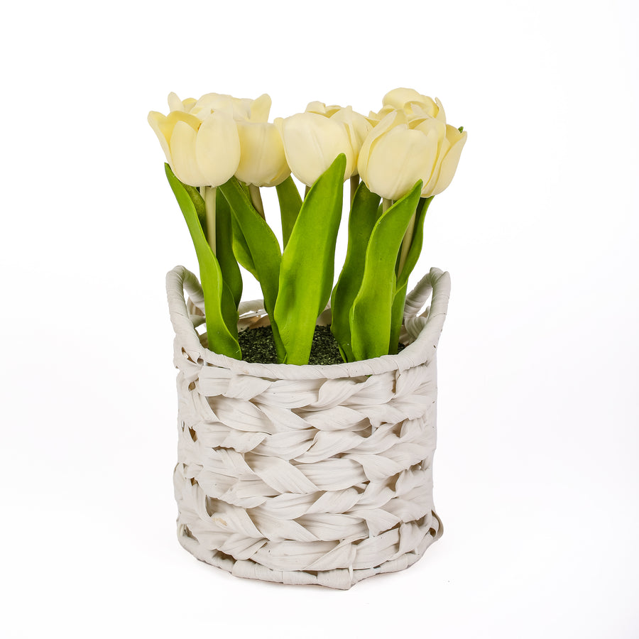 10 in. Spring Light Yellow Tulip Bouquet in White Basket - National Tree Company