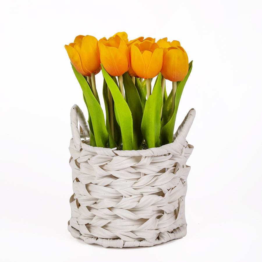 10 in. Spring Orange Tulip Bouquet in White Basket - National Tree Company