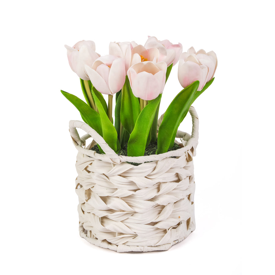 10 in. Spring Pink Tulip Bouquet in White Basket - National Tree Company