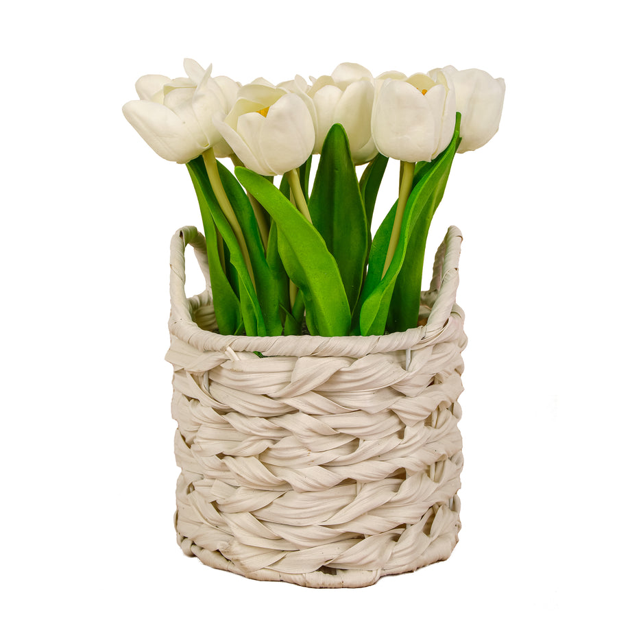 10 in. Spring White Tulip Bouquet in White Basket - National Tree Company