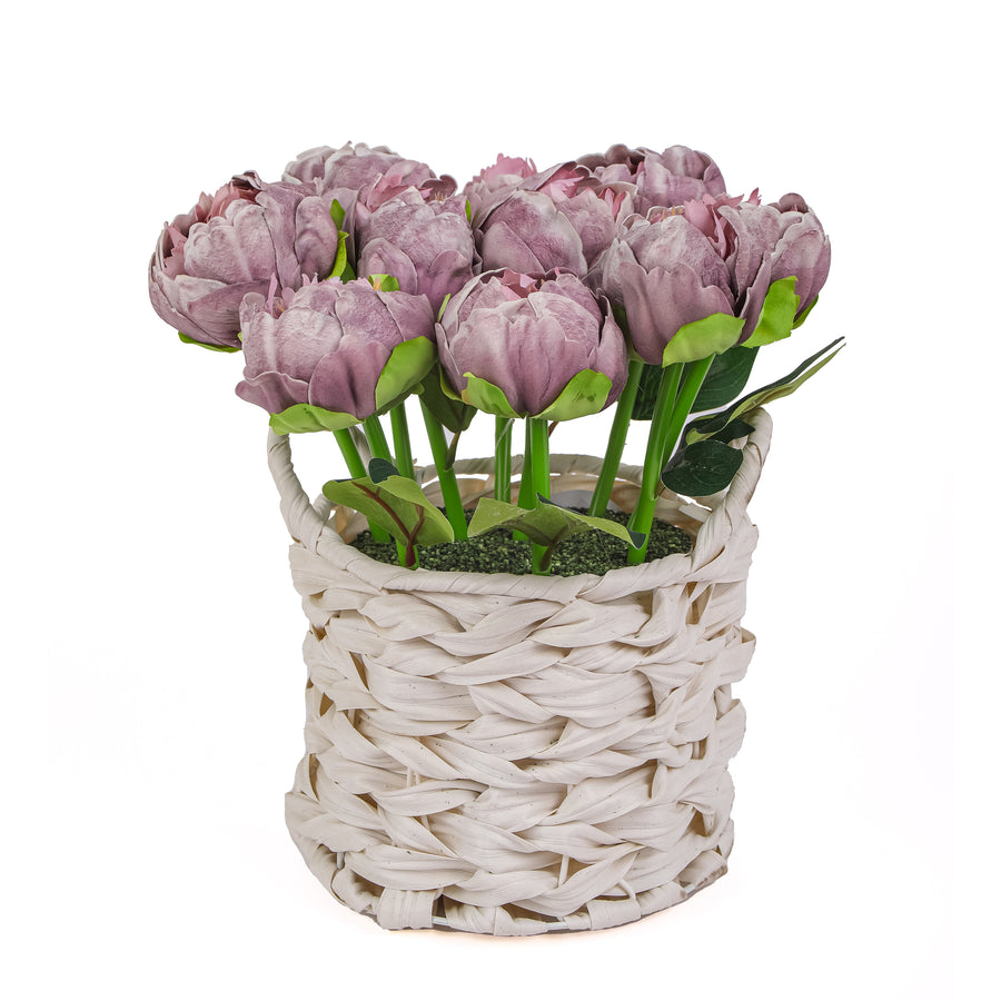 10 in. Spring Light Purple Peony Flower Bouquet in White Basket - National Tree Company