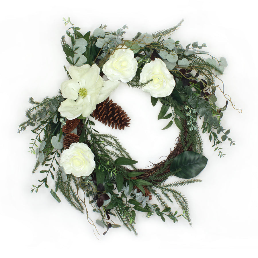 26 in. Mixed Greens and White Flowers Decorated Wreath - National Tree Company