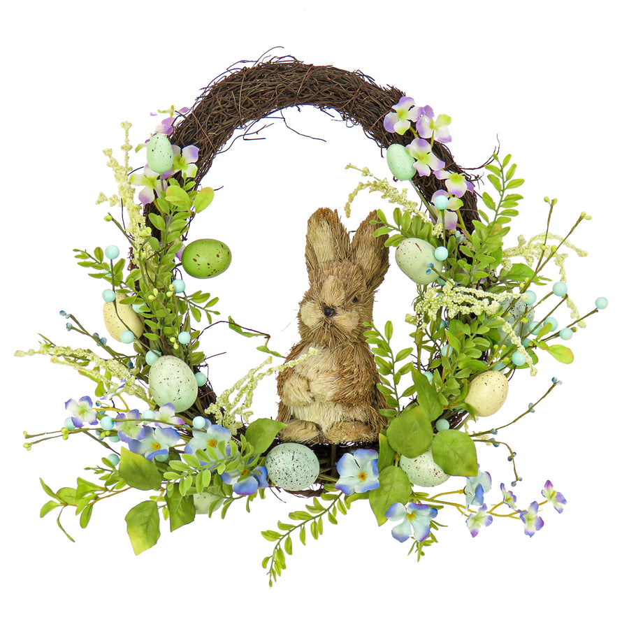 16 in. Easter Wreath Decorated with Wooden Bunny, Blue Flower Blooms, Pastel Eggs, Berries - National Tree Company