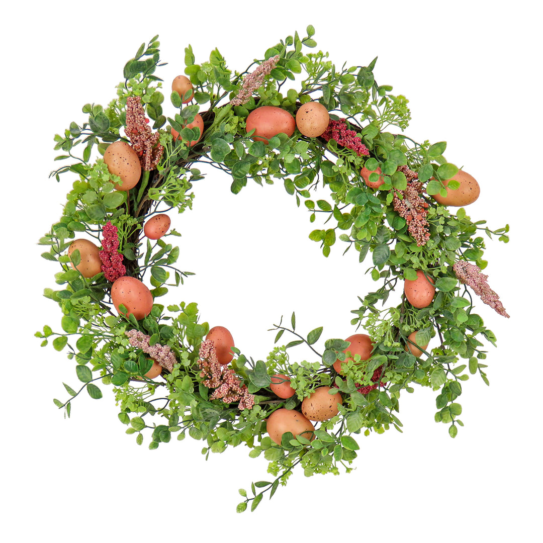 Artificial Spring Wreath, Woven Branch Base, Decorated with Pink Pastel Eggs, Pink Flowers, Leafy Greens, Easter Collection, 22 Inches