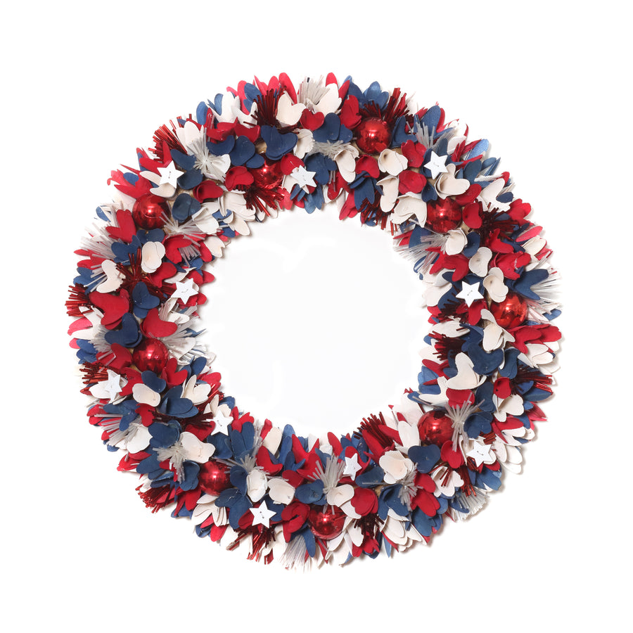21 in. Patriotic Wreath with Red White and Blue Flowers Petals Tinsel - National Tree Company