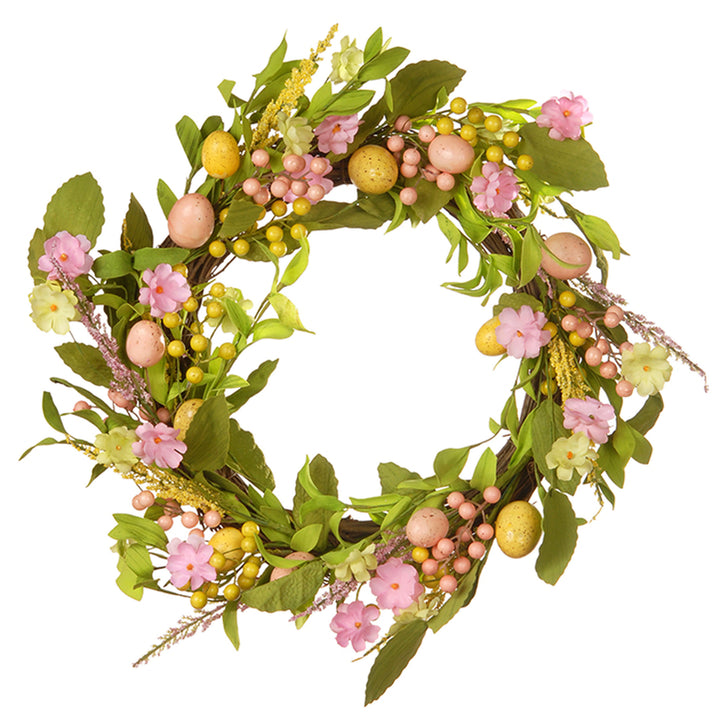 Artificial Spring Wreath, Decorated with Pastel Eggs, Flower Blooms, Berry Clusters, Easter Collection, 22 Inches