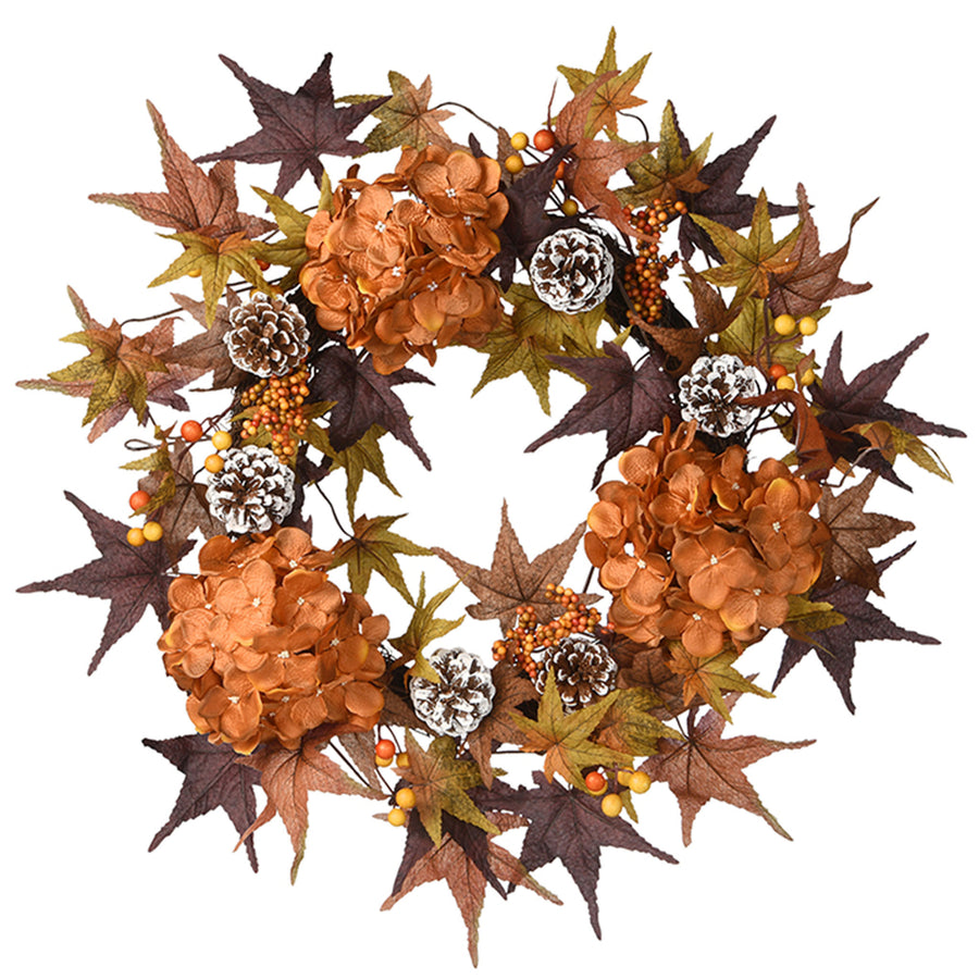 24 in. Fall Wreath with Hydrangeas, Maple Leaves, Pinecones, Berry Clusters - National Tree Company