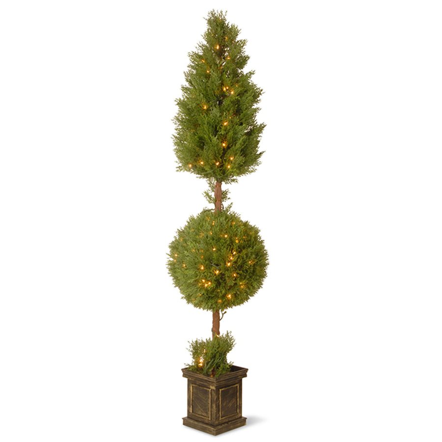 72 in. Pre-Lit Juniper Cone and Ball Topiary Tree in a Black Square Pot with Clear Lights - National Tree Company