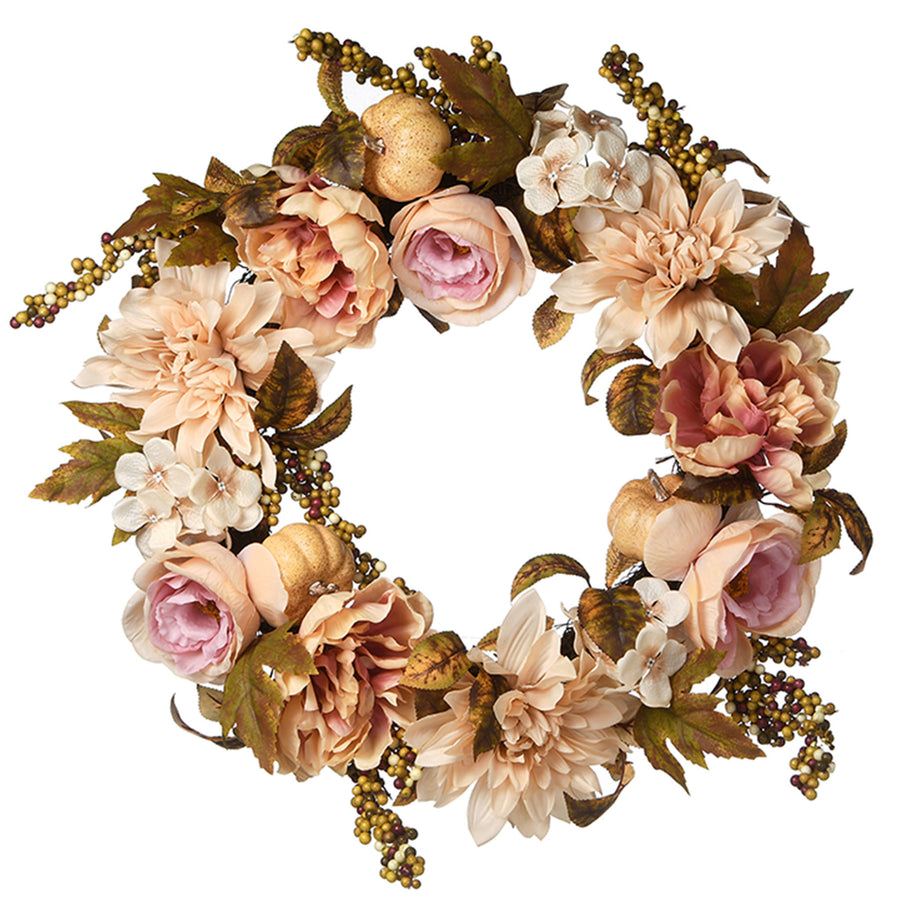 Artificial Autumn Wreath, Decorated with Dahlias, Peonies, Roses, Pumpkins, Berry Clusters, Autumn Collection, 24 in - National Tree Company