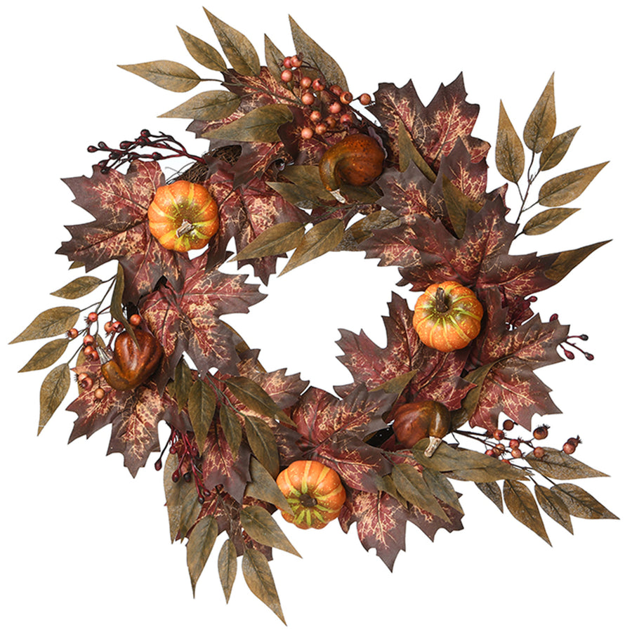 24 in. Fall Wreath with Pumpkins, Berry Clusters, Ivy, Maple Leaves - National Tree Company