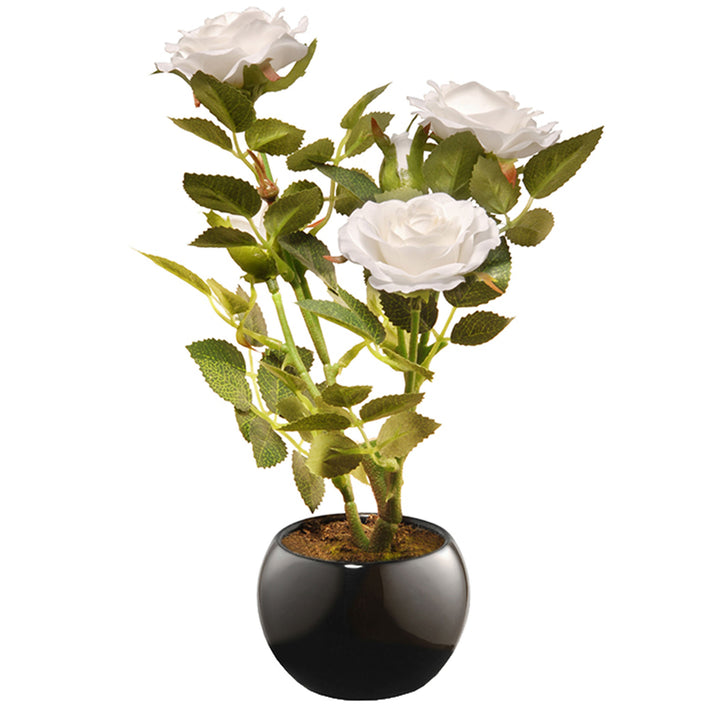 Artificial Potted Flower, White Rose, Incudes Black Base, Spring Collection, 10 Inches