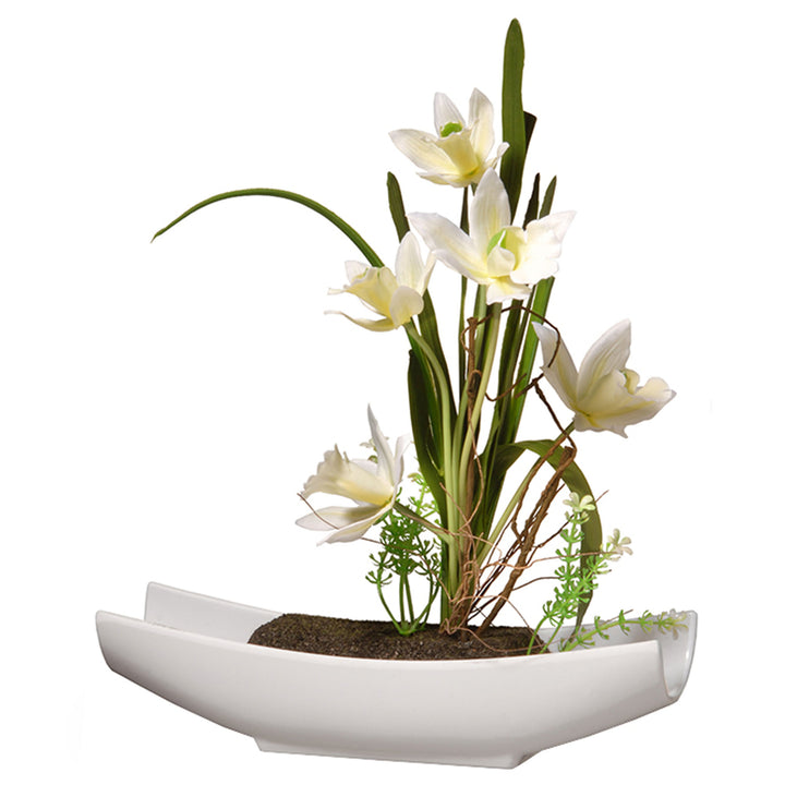 Artificial Potted Flowers, Yellow Orchids, Includes White Base, Spring Collection, 11 Inches