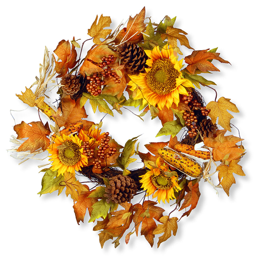 24 in. Fall Wreath with Sunflowers, Pinecones, Berry Clusters, Corncobs, Maple Leaves - National Tree Company
