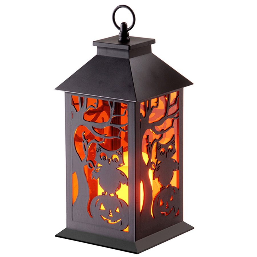 12 in. Halloween Carved Images of Owls Pumpkins Leafless Trees Lantern with LED Lights - National Tree Company