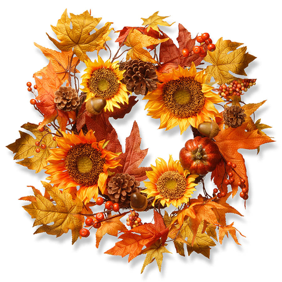 22 in. Fall Wreath with Sunflowers, Pinecones, Berry Clusters, Acorns, Pumpkins, Maple Leaves - National Tree Company