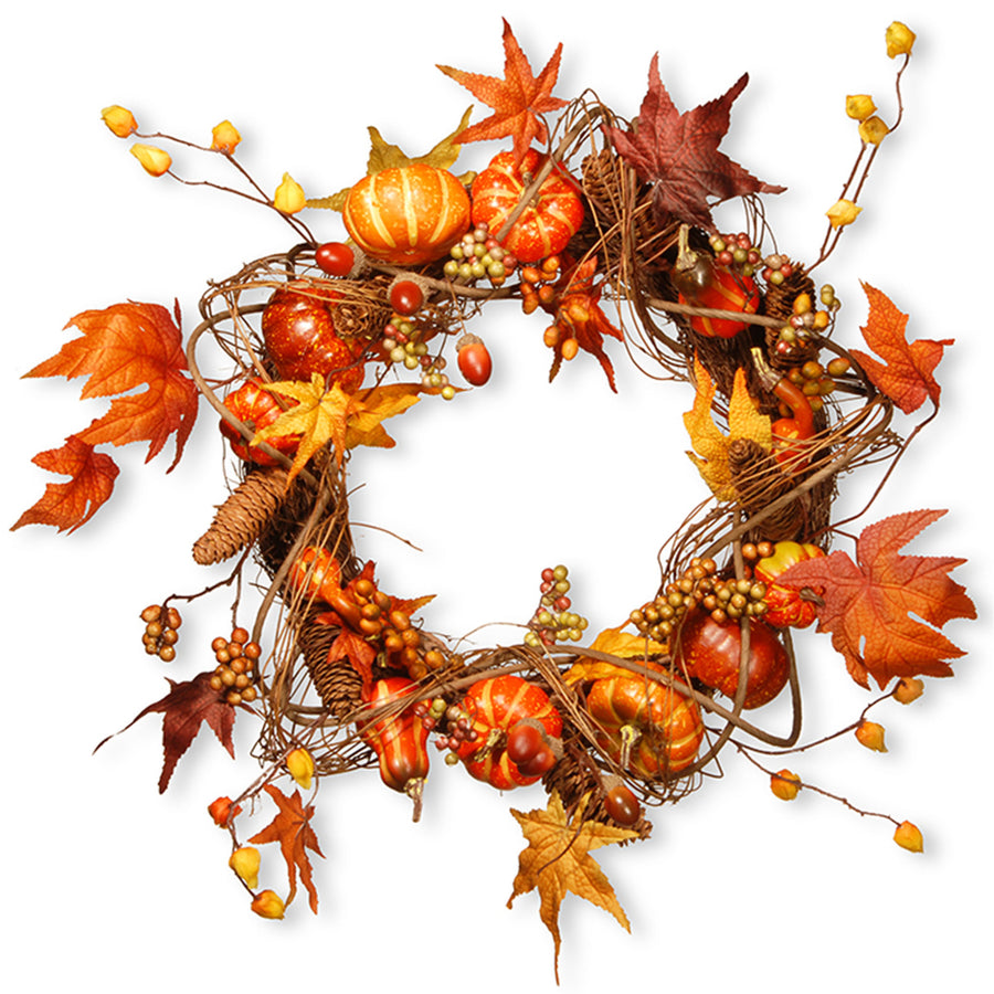 21 in. Fall Wreath with Pumpkins, Gourds, Pinecones, Berry Clusters, Maple Leaves - National Tree Company