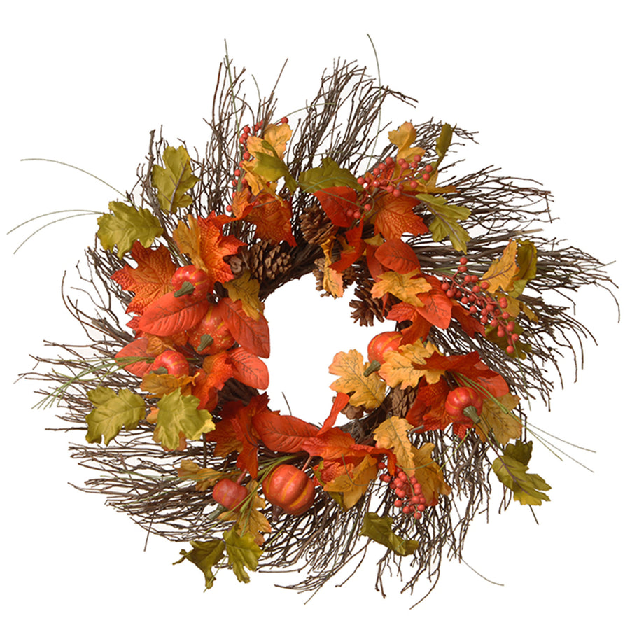 26 in. Fall Wreath with Pumpkins, Pinecones, Berry Clusters, Assorted Leaves - National Tree Company