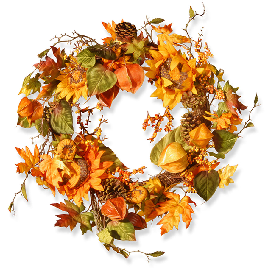 25 in. Fall Wreath with Sunflowers, Pinecones, Berry Clusters, Maple Leaves - National Tree Company
