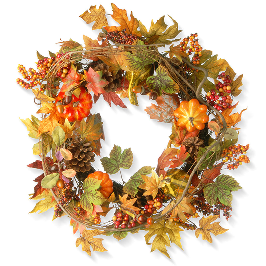 24 in. Fall Wreath with Pumpkins, Pinecones, Berry Clusters, Maple Leaves - National Tree Company