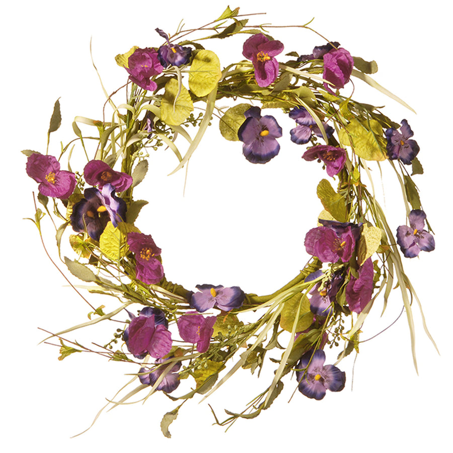 22 in. Spring Wreath with Purple Pansy and Poppy Flowers, Seed Pods, Leafy Greens - National Tree Company
