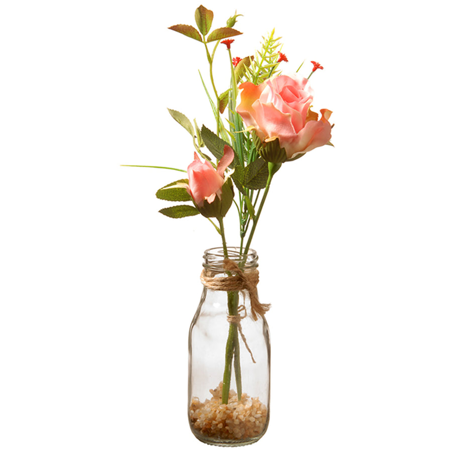 12 in. Spring Pink Roses Flower Bouquet in Glass Vase with Leafy Greens - National Tree Company
