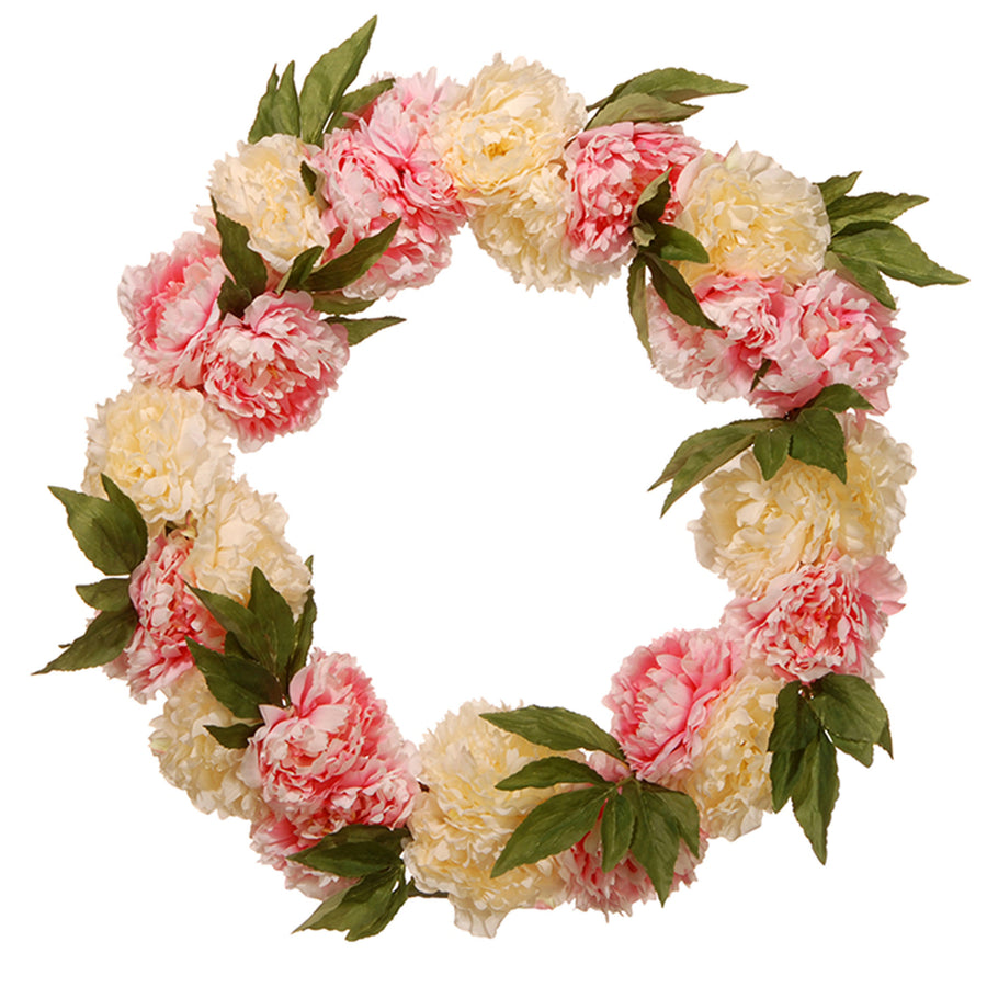 24 in. Spring Wreath with Pink and White Peony Blooms, Leafy Greens - National Tree Company