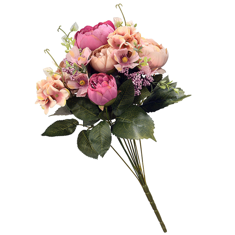 19 in. Spring Floral Bouquet with Pink Rose Blooms, Purple Berry Clusters, Seed Pods, Leafy Greens - National Tree Company