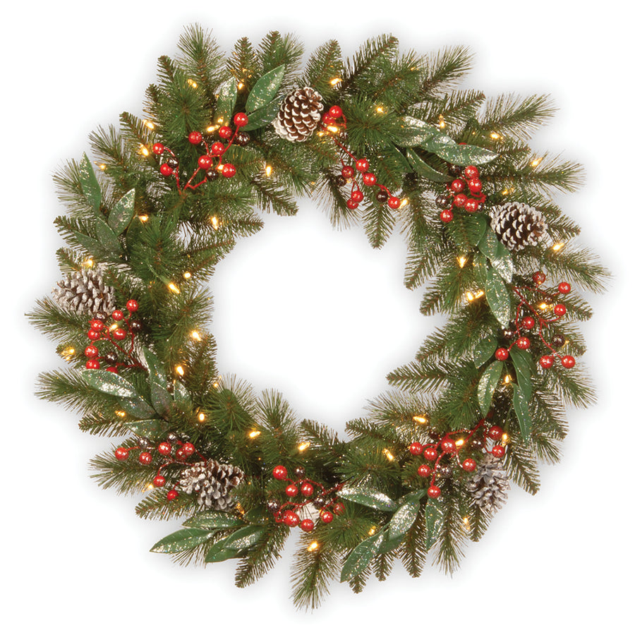 30 in. Pre-Lit Frosted Pine Berry Wreath with LED Lights - National Tree Company