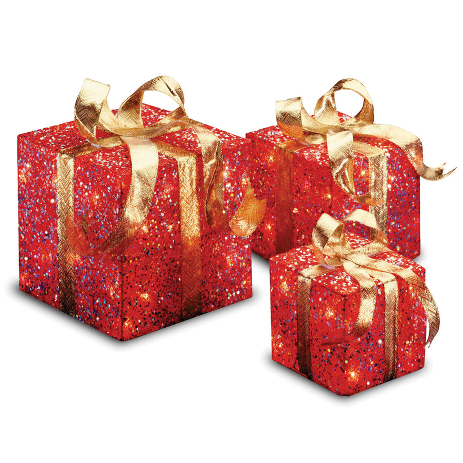 Pre-Lit Red Gift Box with Gold Bow, Set of Three, White Lights - National Tree Company