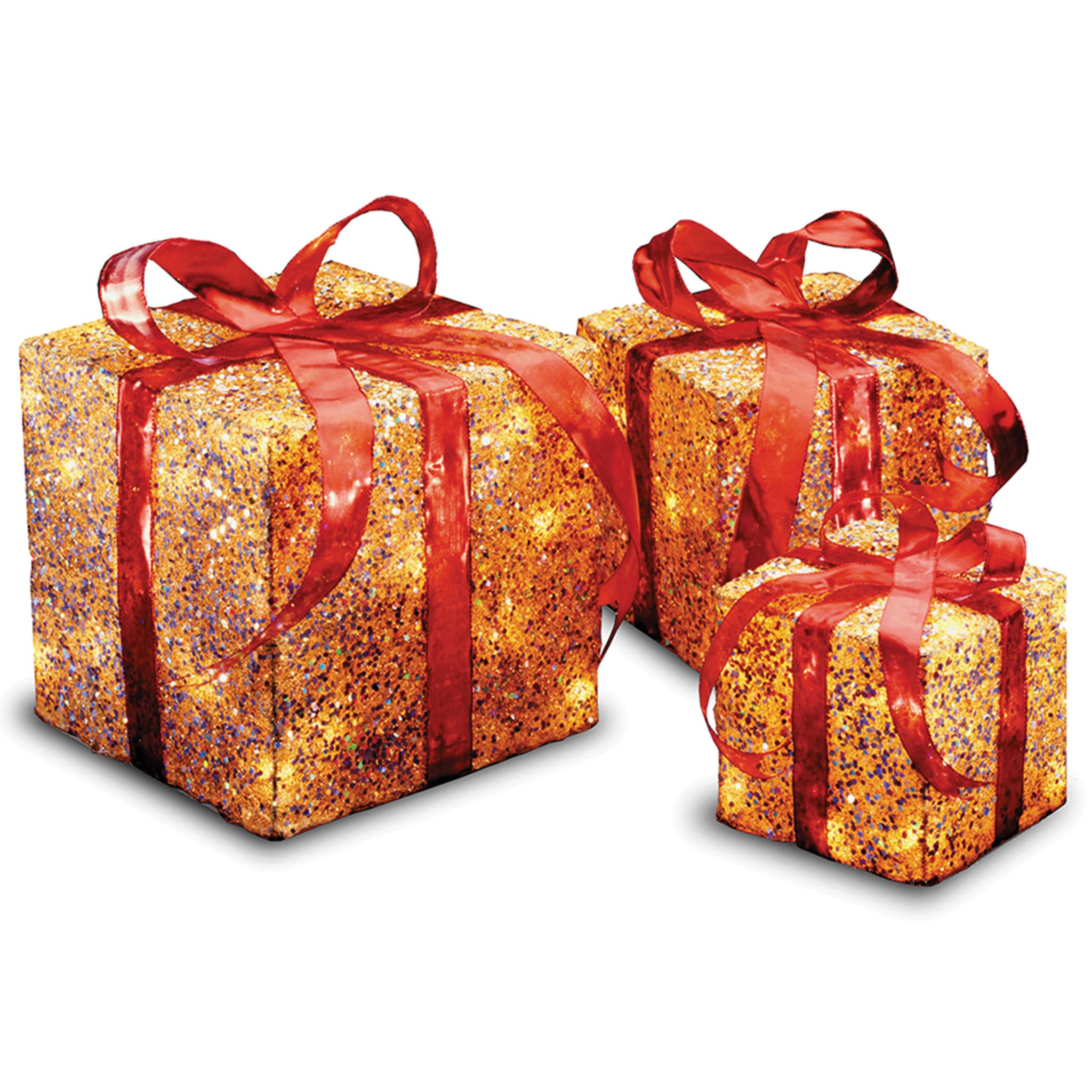 Set of 3 Gold Tinsel Gift Boxes with Red Bows Lighted Christmas Outdoor Decorations