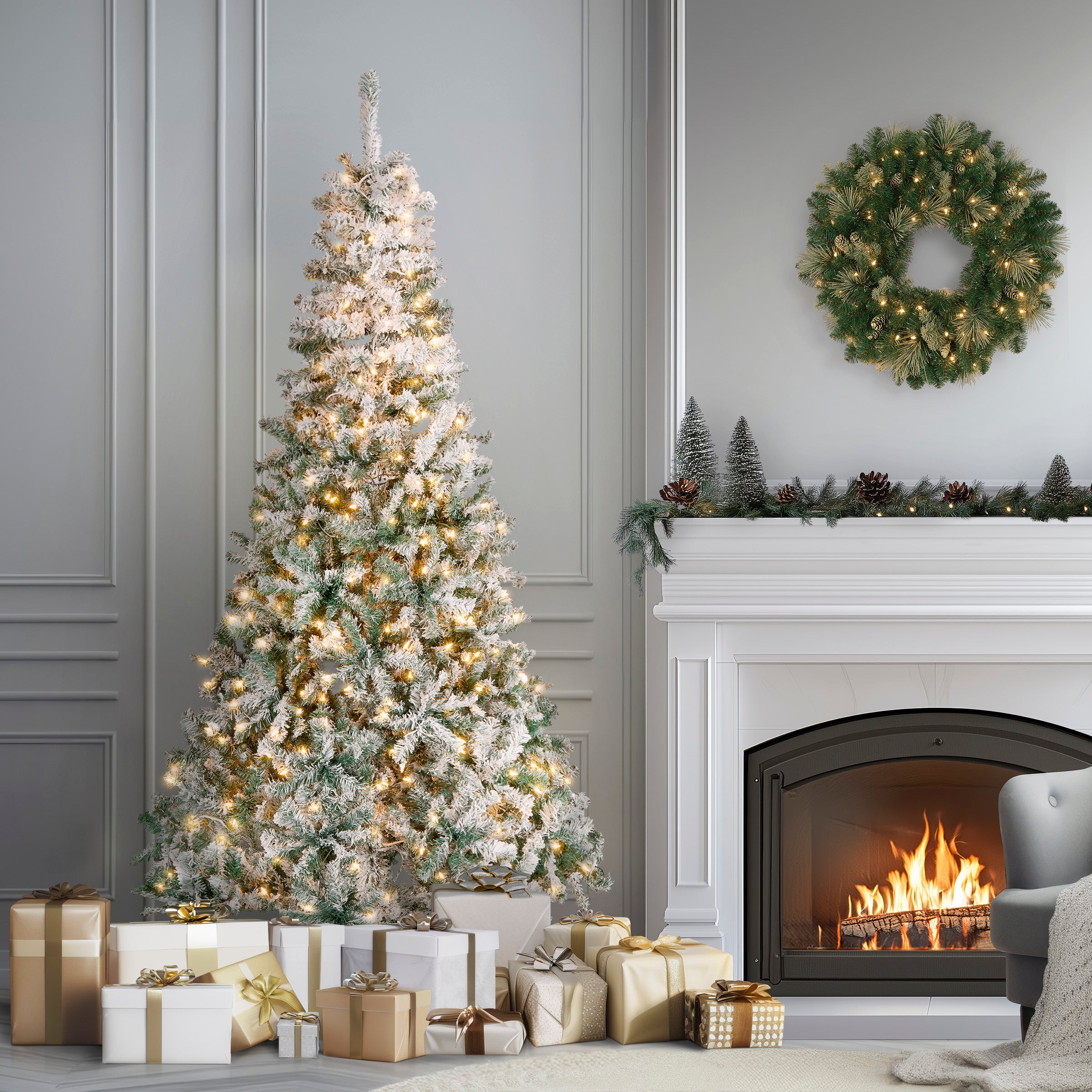 7.5 ft. Pre-Lit Acacia Flocked Tree with Clear Lights · National