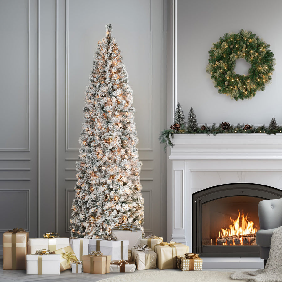 9 ft. Pre-Lit Acacia Flocked Slim Tree with Clear Lights