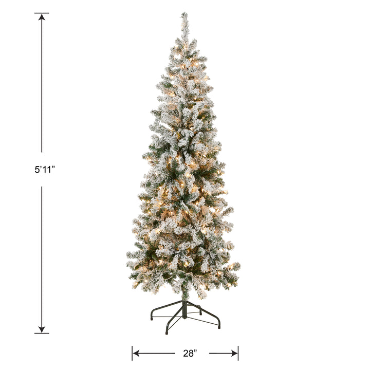First Traditions Pre-Lit Acacia Flocked Tree Medium Christmas Tree, Clear Incandescent Lights, Plug In, 6 ft
