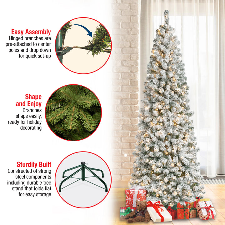 First Traditions Pre-Lit Acacia Flocked Tree Medium Christmas Tree, Clear Incandescent Lights, Plug In, 7.5 ft
