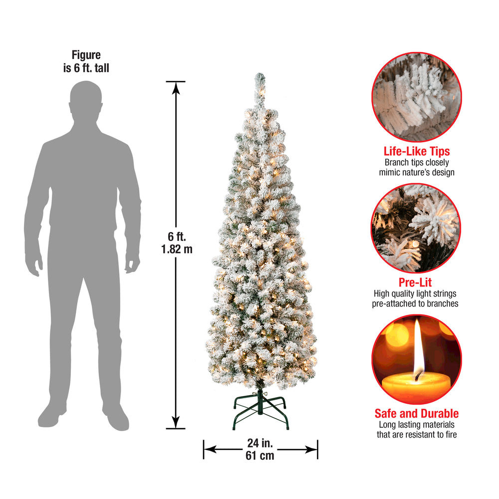 6 ft. Pre-Lit Acacia Pencil Slim Flocked Tree with Clear Lights, Plug ...