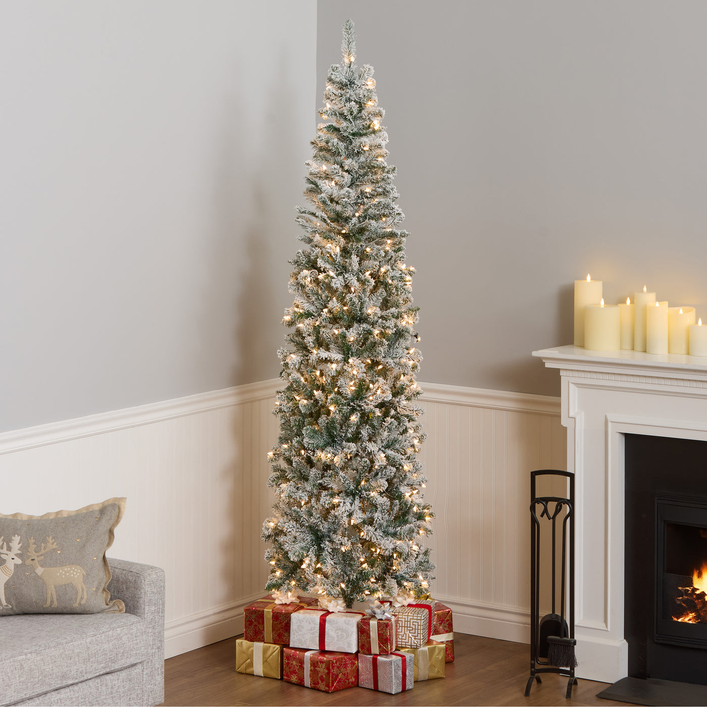 7.5 ft. Pre-Lit Acacia Pencil Slim Flocked Tree with Clear Lights - National Tree Company