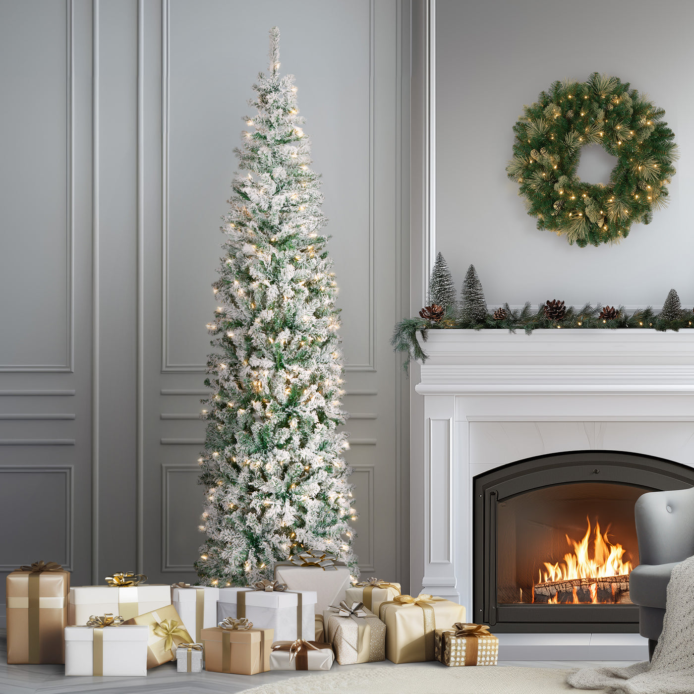 7.5 ft. Pre-Lit Acacia Pencil Slim Flocked Tree with Clear Lights - National Tree Company