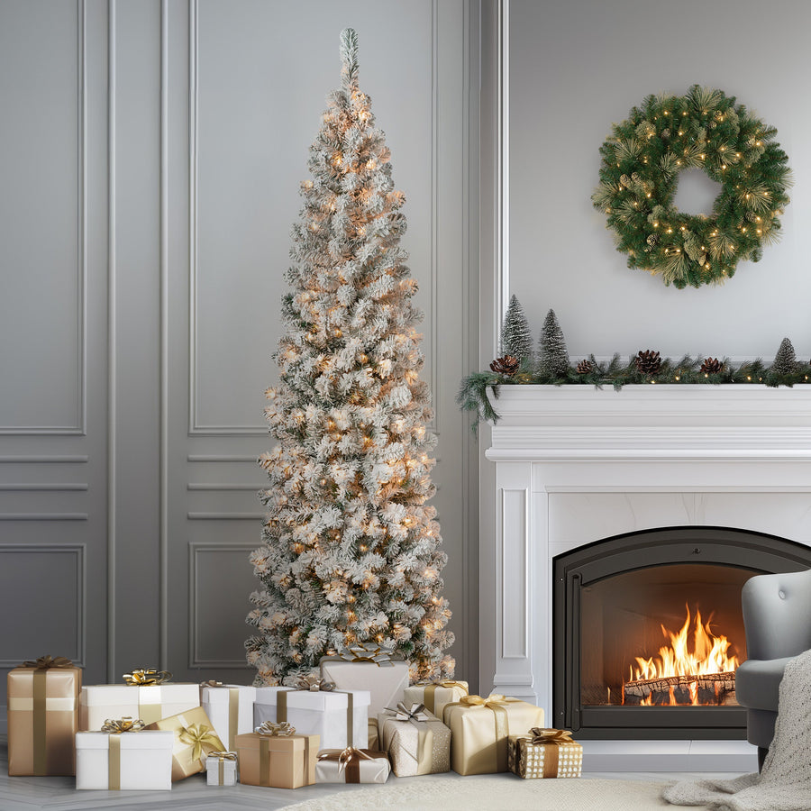 7.5 ft. Pre-Lit Acacia Pencil Slim Flocked Tree with Clear Lights