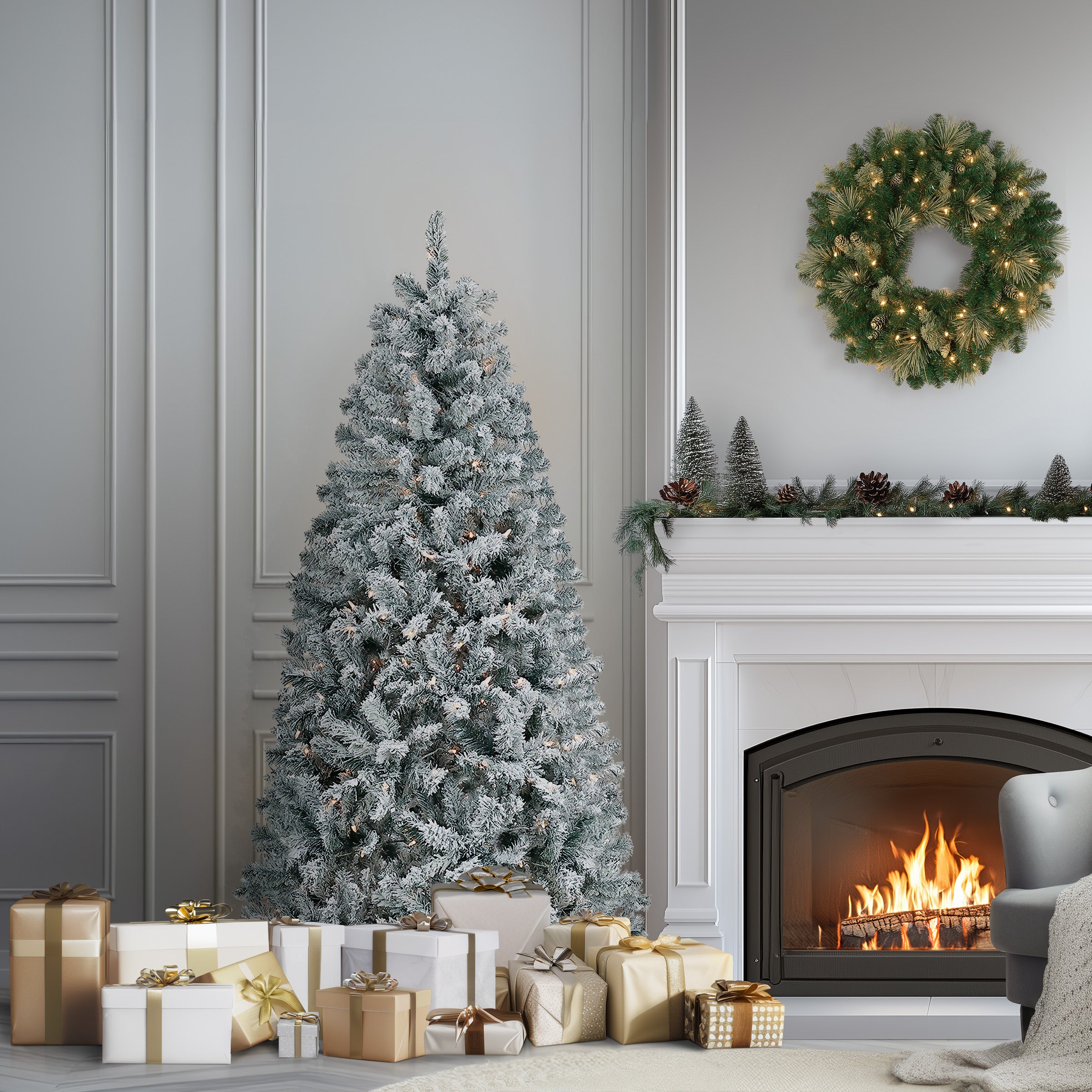 6 ft. Pre-Lit Acacia Flocked Tree with Clear Lights, Plug-In