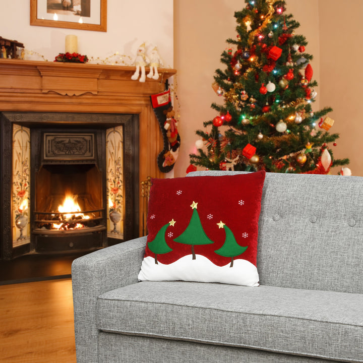 20" General Store Collection Red Pillow with Christmas Trees