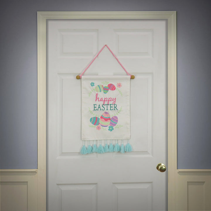 Happy Easter with Eggs Hanging Banner Decoration, White, Easter Collection, 19 Inches