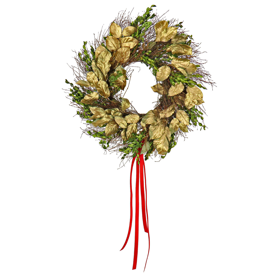 National Tree Company Artificial Boxwood Holiday Christmas Wreath, Decorated with Gold Leaves, Leafy Greens, and Red Ribbons, 22 in