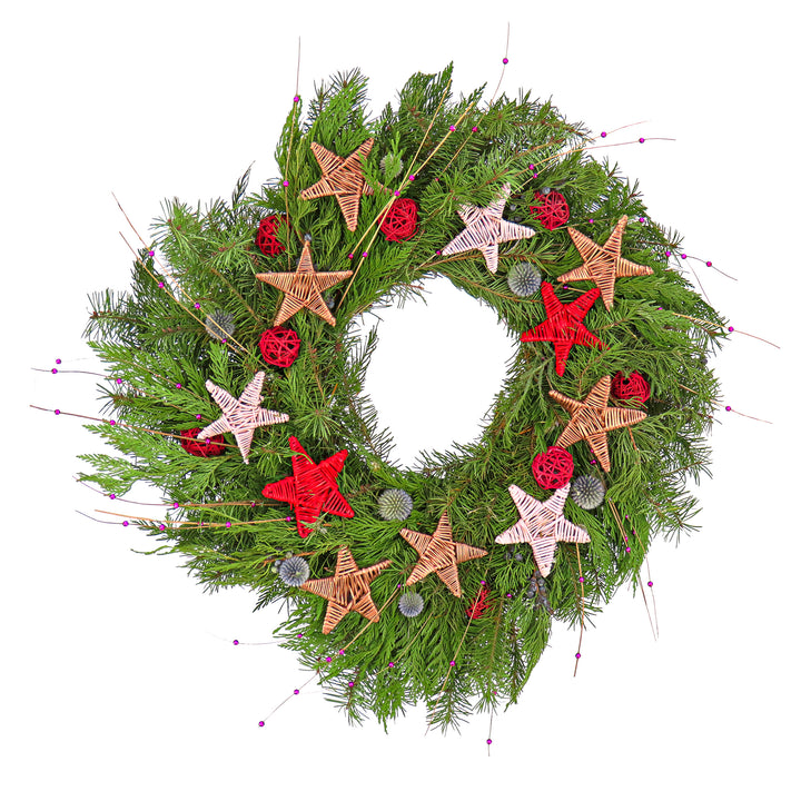 National Tree Company Artificial Fresh Evergreen Branch Christmas Wreath, Cedar, Juniper, and Noble Fir Tips Decorated with Wicker Balls, Stars, Bamboo and Thistles, 22 in