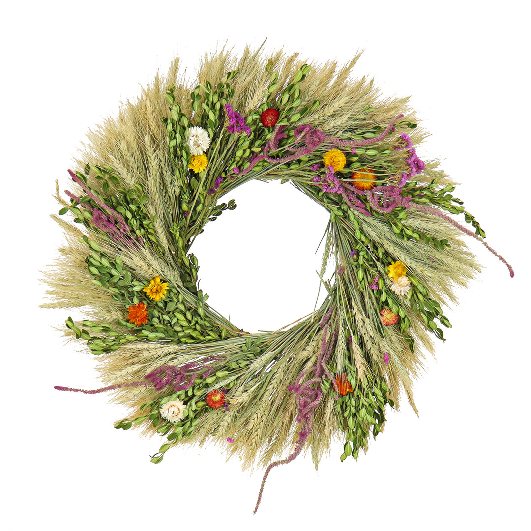 Artificial Spring Wreath, Metal Ring Base, Decorated with Flower Blooms, Seed Pods, Wheat Stalks, Spring Collection, 22 Inches